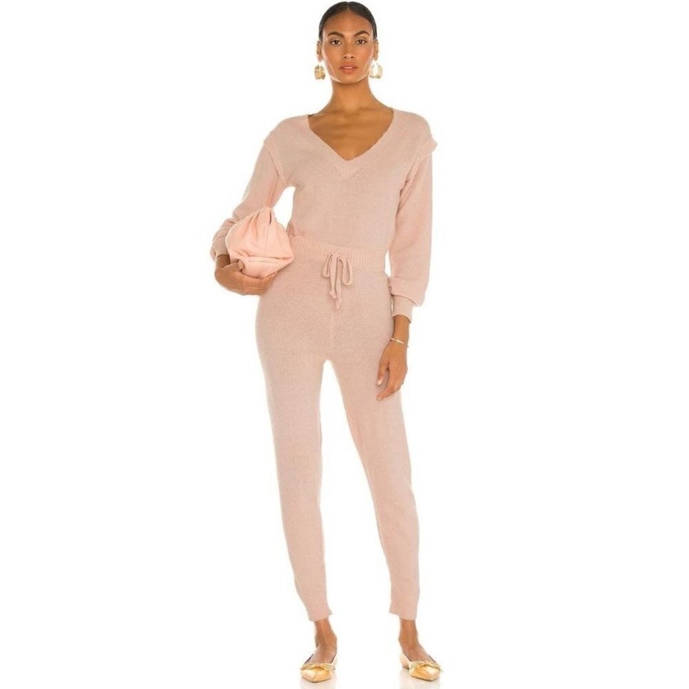 Central Park West Holmes knit sweater jumpsuit blush pink cozy ruffle v-neck